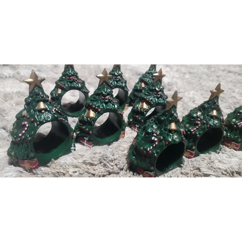 Set Of 9 Christmas Napkin Rings Green Tree  Plastic Marked Reed Star Top Vintage